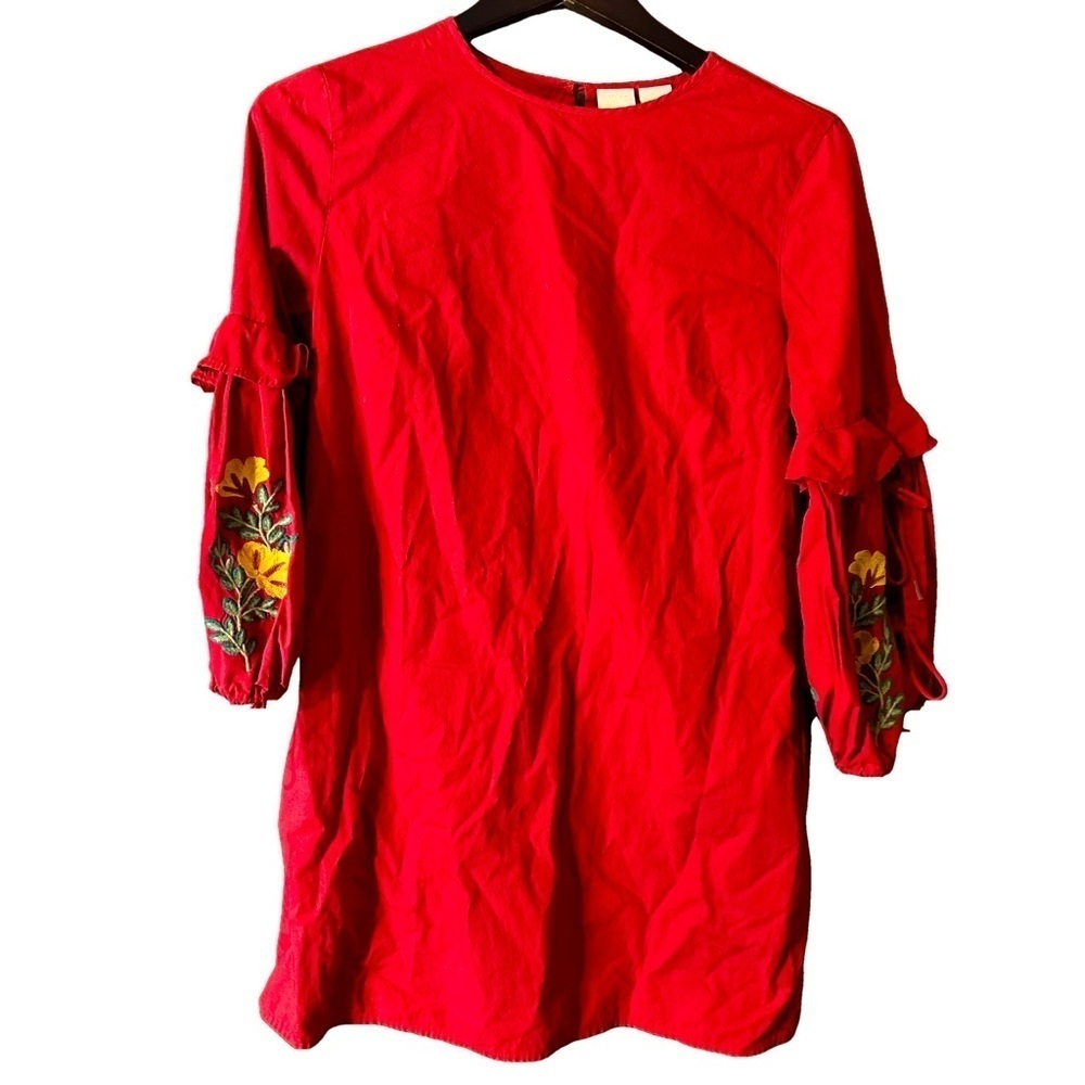 Lucy & Laurel Red Floral Boho Embroidered Arm Accents Cotton Dress Top Sz S